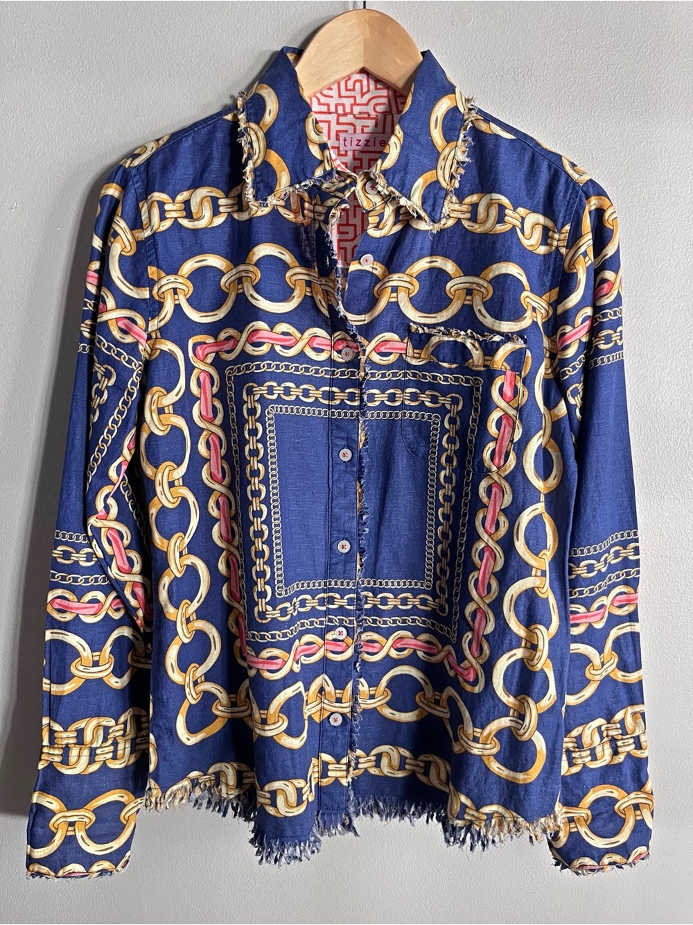 Tizzie Chain Print Linen Blend Frayed Hem Button Up Shirt Small